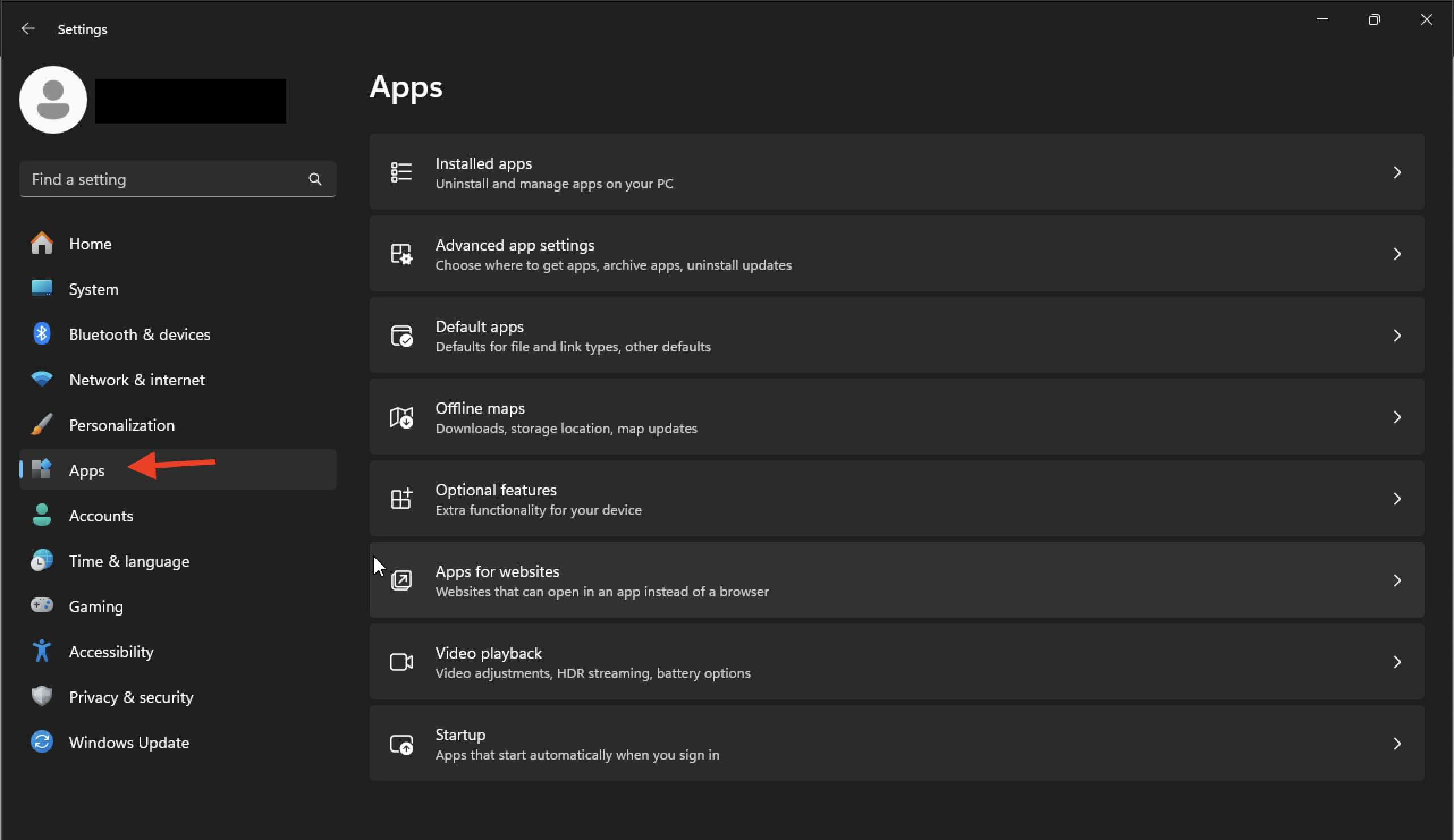 Apps under Settings Windows 11